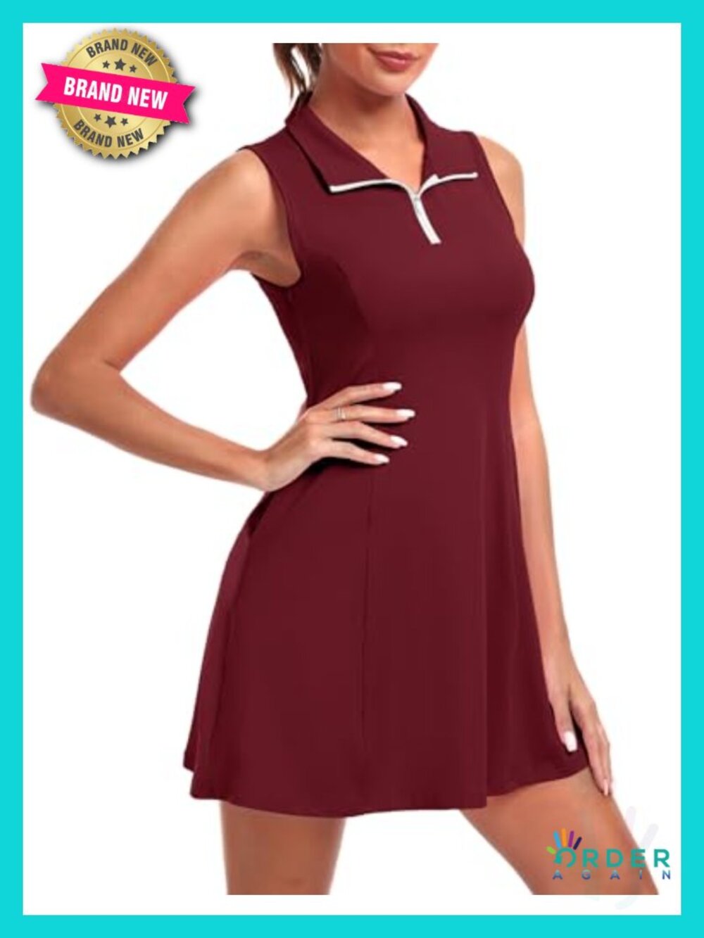 UPF 50+ V-Neck Zipper A-Line Tennis Dress with Built-in Shorts